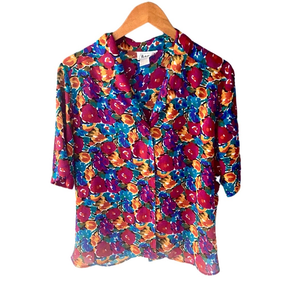 Vintage 80s Notations Short Sleeve Floral Button Up Blouse